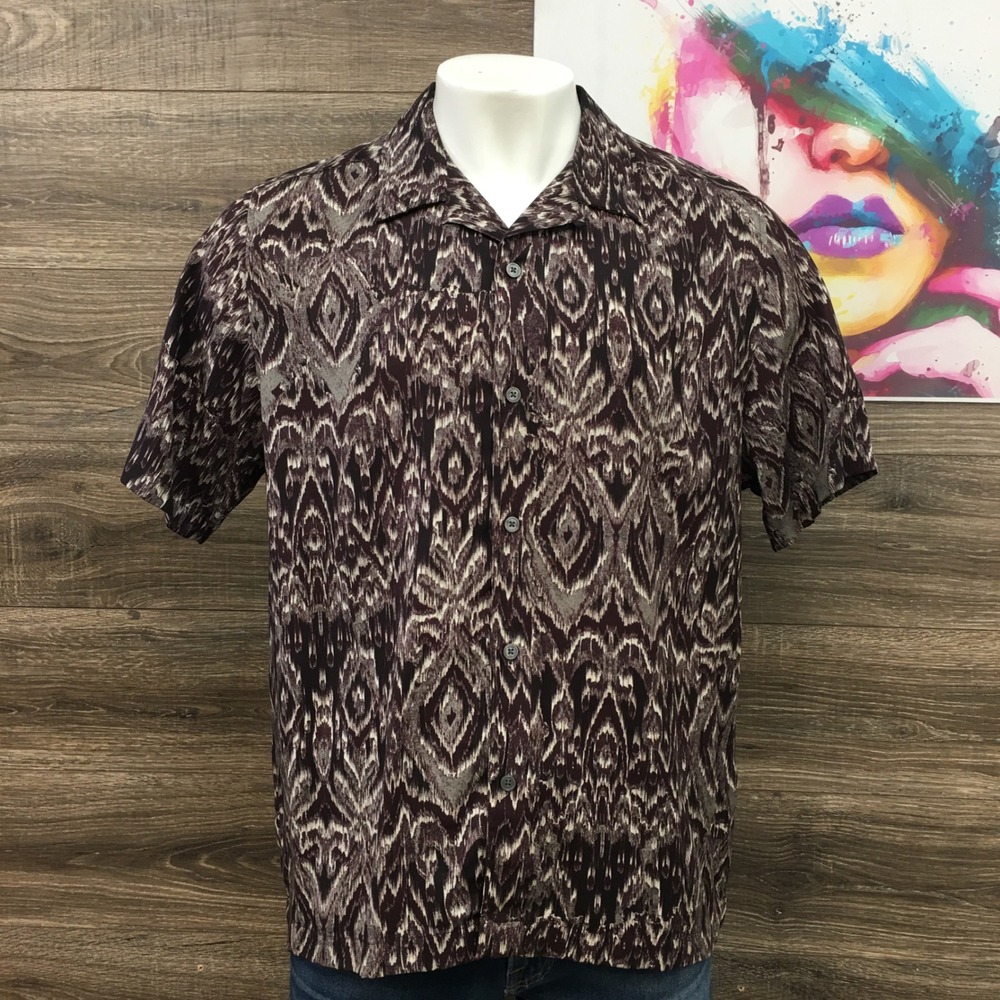 Ted Baker London Button Camp Shirt Abstract Print Short Sleeve Size 6 Lyocell